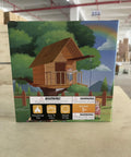 Box packaging for Heavy Duty Pulley Bucket With Cable For Treehouse And Playset Outdoor Climbing Toy featuring treehouse illustration.
