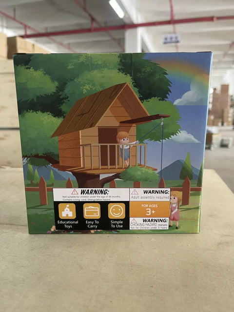 Box packaging for Heavy Duty Pulley Bucket With Cable For Treehouse And Playset Outdoor Climbing Toy featuring treehouse illustration.