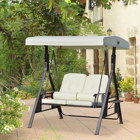 Two Person Patio Swing Bench With Adjustable Shade Canopy Cushions Throw Pillows And Tray Beige Outdoor Seating for patio