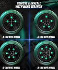 Heavy Duty 7 Spline Tuner Lug Nut Key With Dual Hex 13/16 And 7/8 Inch Sockets illustrated on 4, 5, 6, and 8-lug nut wheels.