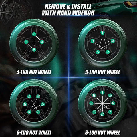 Heavy Duty 7 Spline Tuner Lug Nut Key With Dual Hex 13/16 And 7/8 Inch Sockets illustrated on 4, 5, 6, and 8-lug nut wheels.