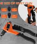 Heavy Duty Manual Rivet Gun Kit With Three Sixteen Inch Tri Grip Pop Rivets showing tool size and interchangeable heads.