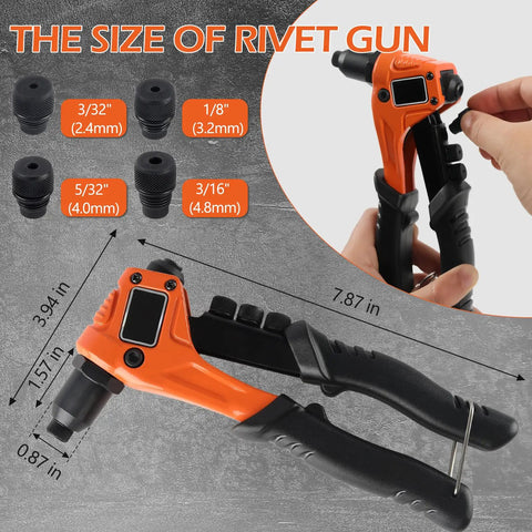 Heavy Duty Manual Rivet Gun Kit With Three Sixteen Inch Tri Grip Pop Rivets showing tool size and interchangeable heads.