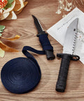 Dark Blue Ito Sageo Wrapping Cord 0.51 Inch Wide silk-cotton blend with knives on wooden surface, 5 meters long Japanese Samurai style
