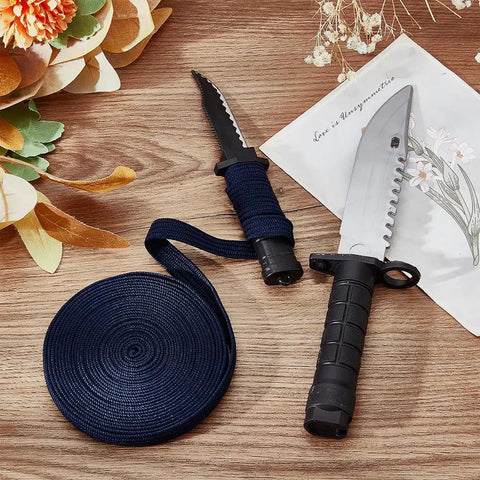 Dark Blue Ito Sageo Wrapping Cord 0.51 Inch Wide silk-cotton blend with knives on wooden surface, 5 meters long Japanese Samurai style