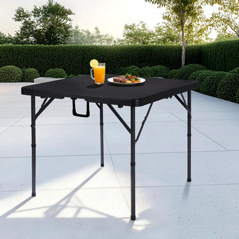 34 Inch Folding Card Table Square with Detachable Legs, Dual Height Adjustable, outdoor setup with food and drink, Black