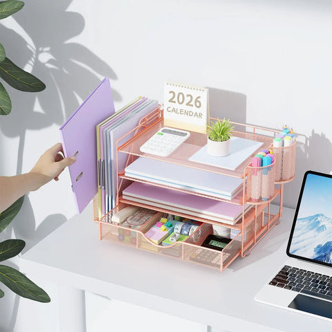 4 Tier Desk Organizer Set With File Holder, Drawer, And Two Pen Holders In Rose Gold Must Have Space Saving Workspace