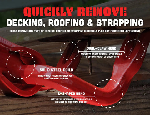 Heavy Duty 44 Inch Steel Deck Pry Bar With Dual Claw Heads No Kneeling Back Saving Non Slip Handle Red Demolition Tool