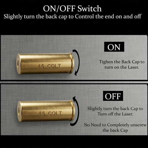 Top Tier.45 Colt And 12 Gauge Shotgun Laser Bore Sighter Cartridge showing ON/OFF switch for laser activation control.