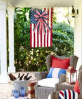 Two Pack Large Patriotic Wreath Bows 20x12 Inches Red White And Blue Star And Stripe Pattern Reusable Outdoor Indoor Front Door Decoration For Memorial Day Labor Day Fourth Of July Home Decor displayed on a porch chair