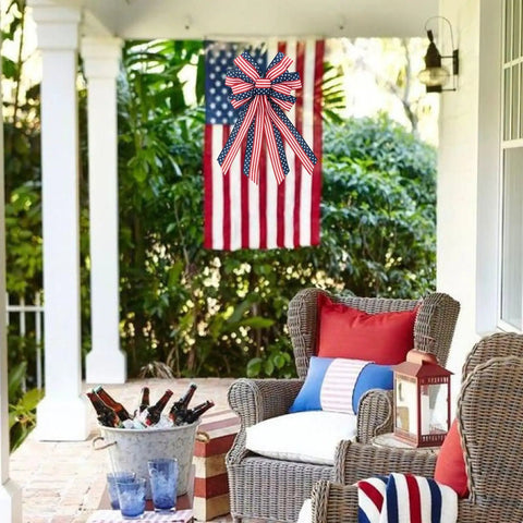 Two Pack Large Patriotic Wreath Bows 20x12 Inches Red White And Blue Star And Stripe Pattern Reusable Outdoor Indoor Front Door Decoration For Memorial Day Labor Day Fourth Of July Home Decor displayed on a porch chair
