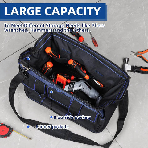 Black and blue Heavy Duty Tool Tote Bag With Waterproof Plastic Base 16 Inch Multi Pocket Organizer with tools inside.