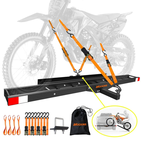 Anti-Tilt Motorcycle Hitch Carrier With 73 Inch Ramp And 47 Inch Dirt Bike Loading Ramp For Fat Tire E-Bikes Fits 2 Inch Receivers