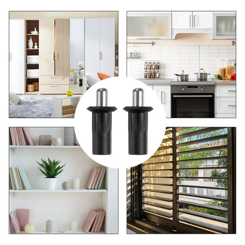 24 Pack Black Plastic Cabinet Door Repair Pins Heavy Duty Spring Loaded Damper Replacement Hardware For Kitchen Cabinets And Furniture Quick Snap No Fuss Axis Connector on display with cabinets and furniture.