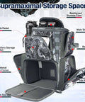 Heavy Duty Fishing Backpack With 2 Rod Holders 4 Tackle Boxes And Rain Cover Built From 1200D Water Resistant Nylon, showing storage compartments.