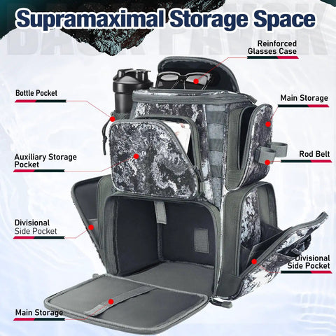 Heavy Duty Fishing Backpack With 2 Rod Holders 4 Tackle Boxes And Rain Cover Built From 1200D Water Resistant Nylon, showing storage compartments.