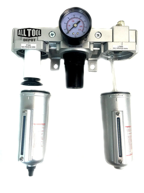 Front view of Three Quarter Inch Heavy Duty FRL Air Control Unit with Auto Drain and Lubricator 140 CFM Flow 250 PSI Max 0.05 Micron Particulate Filter