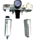 Beefy FRL Air Control Unit with Auto Drain, 0.05 Micron Filter, 140 CFM, 250 PSI, lubricator, pressure gauge, silver housing