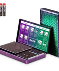 Rainbow Finish Handy Pocket Size Scale 500G By 0.01G with instruction card and lid open, includes two batteries