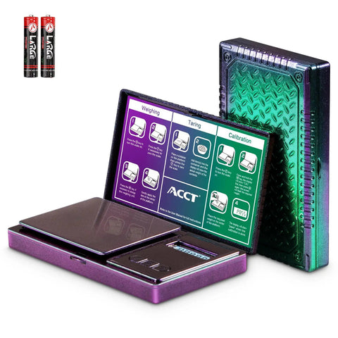 Rainbow Finish Handy Pocket Size Scale 500G By 0.01G with instruction card and lid open, includes two batteries