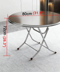 Ultra Strong Stainless Steel Folding Work Table With Thick Silicone Floor Pads And Premium Brushed Finish X Beam Reinforcement, round shape, measures 80cm by 72cm.