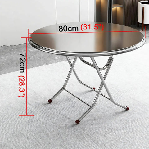 Ultra Strong Stainless Steel Folding Work Table With Thick Silicone Floor Pads And Premium Brushed Finish X Beam Reinforcement, round shape, measures 80cm by 72cm.