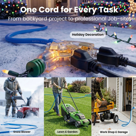100 Ft Outdoor Extension Cord Heavy Duty 3 Prong Power Cable With 10/3 Gauge SJEOW Triple Outlet Lighted End in use