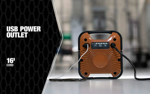 Back view of 2000 Lumen LED Rechargeable Work Light With USB Power Outlet, Weatherproof IP67, featuring USB ports and cords.