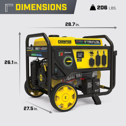 Tri Fuel Portable Generator With Electric Start And CO Shield, Runs On Gas Propane Or Natural Gas, 8125 Watt Peak Power, 389cc