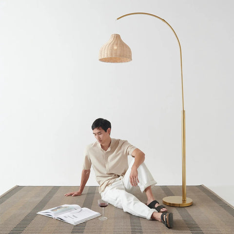 Lark Arc Floor Lamp With Hanging Wicker Shade Brass Tall Standing Light For Living Room And Office Perfect For Reading And Cozy Boho Chic Vibe Decor For Any Space