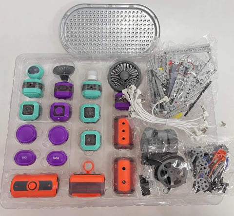Hands On STEM Electronics Kit For Kids open tray with circuit parts, wires, gears, and modules