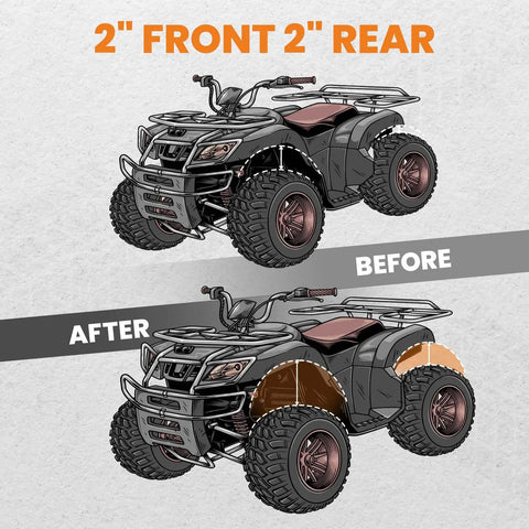 Comparison of ATV with Beefed Up Two Inch Leveling Lift Kit For Honda Rancher 350 400 AT 2000 To 2006 before and after installation.