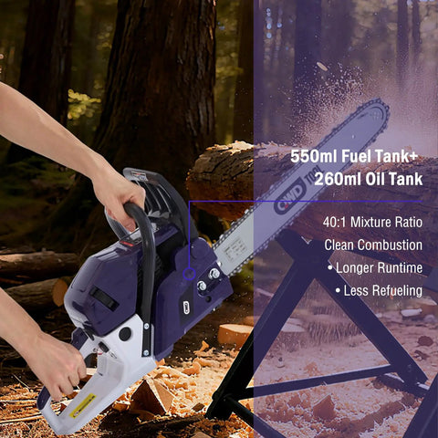 Heavy Duty Gas Chainsaw With 61.5cc Two-Stroke Engine Delivers 3.8HP, 18 Inch Bar cutting wood in a forest setting