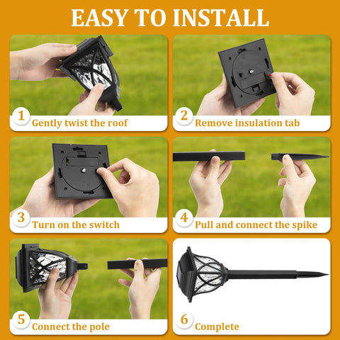 Six Pack Solar Outdoor Lights Waterproof LED Garden Decor installation steps on grassy background