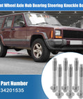 Six Piece Heavy Duty Wheel Hub Bearing Mounting Bolts Set For Jeep Grand Cherokee 2000-2010 Fits Jeep Commander Liberty Cirrus Stratus Nitro 1995-2012 With Part Numbers 34201535 6503754 6505935AA displayed on a graphic with a Jeep.