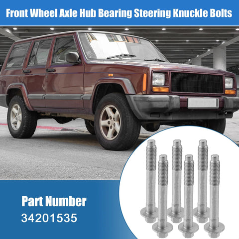 Six Piece Heavy Duty Wheel Hub Bearing Mounting Bolts Set For Jeep Grand Cherokee 2000-2010 Fits Jeep Commander Liberty Cirrus Stratus Nitro 1995-2012 With Part Numbers 34201535 6503754 6505935AA displayed on a graphic with a Jeep.