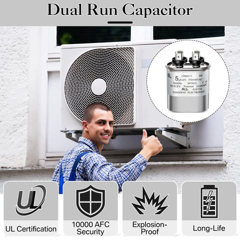 Smiling technician installing AC unit with 5uF Dual Run Oval Capacitor 370 To 440VAC CBB65-V Built Tough For Air Conditioners