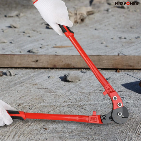 18 Inch Heavy Duty Steel Cable Cutter For Hard Wire Ropes with sharp chromium-molybdenum blades, shown cutting wire outdoors