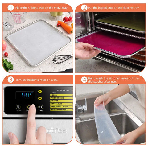 4 steps to using 4 Pack 14x14 Inch Silicone Dehydrator Trays With Raised Lip Edge Nonstick Sheets For Fruit Leather And Dried Foods
