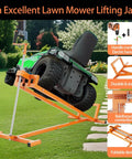 Livoccur Lawn Mower Lift Jack Heavy Duty Platform 882 Lbs Capacity For Garden Tractors raised with adjustable height on grass.