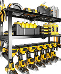 Heavy Duty Power Tool Organizer Wall Mount Rack With 300 LB Capacity showing 3 tier garage storage and 7 drill holders in use
