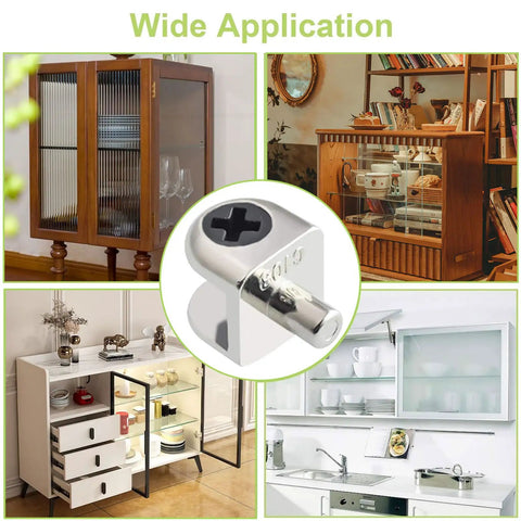 Rock Solid Wall Mounted Glass Shelf Brackets 20 Piece Zinc Alloy Pin Clamps Fit 4 To 8mm Shelves, shown in use on modern furniture.
