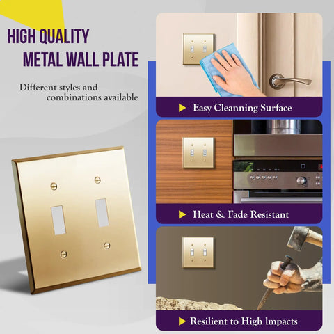 Gold Polished Brass Toggle Light Switch Wall Plate, Metal 2-Gang 4.50 Inch By 4.57 Inch, Corrosion Resistant Stainless Steel 201 Cover, Heavy Duty Electrical Faceplate For Durable Home And Office Use