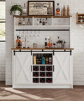 Premium White Farmhouse Coffee Bar Cart With Sliding Barn Doors Open Storage Hutch Integrated Wine Rack Solid Wood in bright kitchen.
