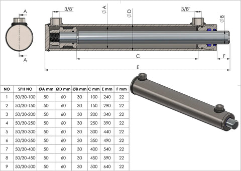 Double Acting Hydraulic Cylinder With 2 Inch Tube And 1.2 Inch Chrome Rod, 6 Inch Stroke, Beefy Heavy Duty Industrial Grade Performance, Precision Machined Components And Robust Seals For Demanding Applications. Technical drawing with dimensions and cutaway view