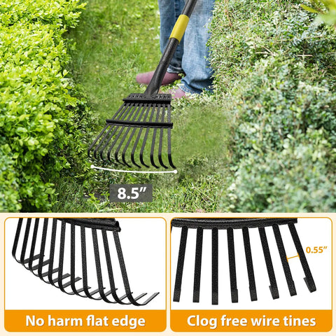 Heavy Duty Garden Leaf Rake With 9 Inch Narrow Head And 65 Inch Adjustable Handle 11 Steel Tines Rust Resistant Metal Rake in use