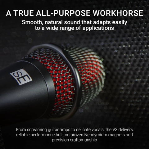Close-up of V3 Dynamic Microphone For Singing, Speech, Instruments And Studio Recording With Cardioid Pattern, red grille