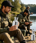 Men fishing by a lake holding 2L Stainless Steel Travel Cup With Handle Wide Mouth Water Bottle For Hiking Fishing And Outdoor Sports Built To Last Durable Rust Resistant Hydration Gear For Large Capacity All Day On The Go Adventures