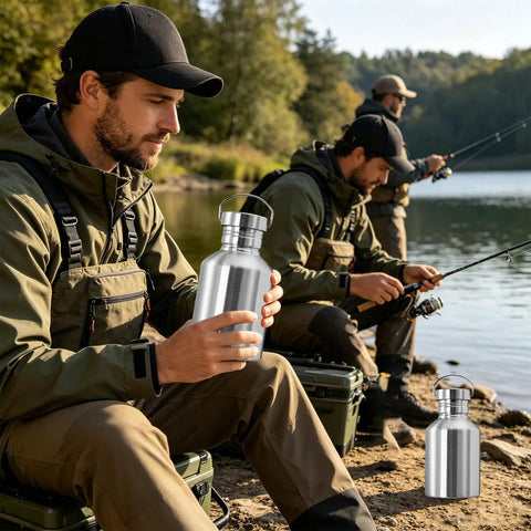Men fishing by a lake holding 2L Stainless Steel Travel Cup With Handle Wide Mouth Water Bottle For Hiking Fishing And Outdoor Sports Built To Last Durable Rust Resistant Hydration Gear For Large Capacity All Day On The Go Adventures