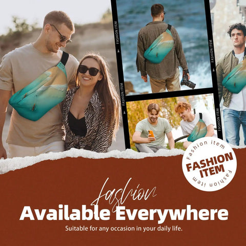 Group of people wearing Rowing Team Fanny Pack for Men and Women Ocean Landscape Waist Belt for sports and casual outings.